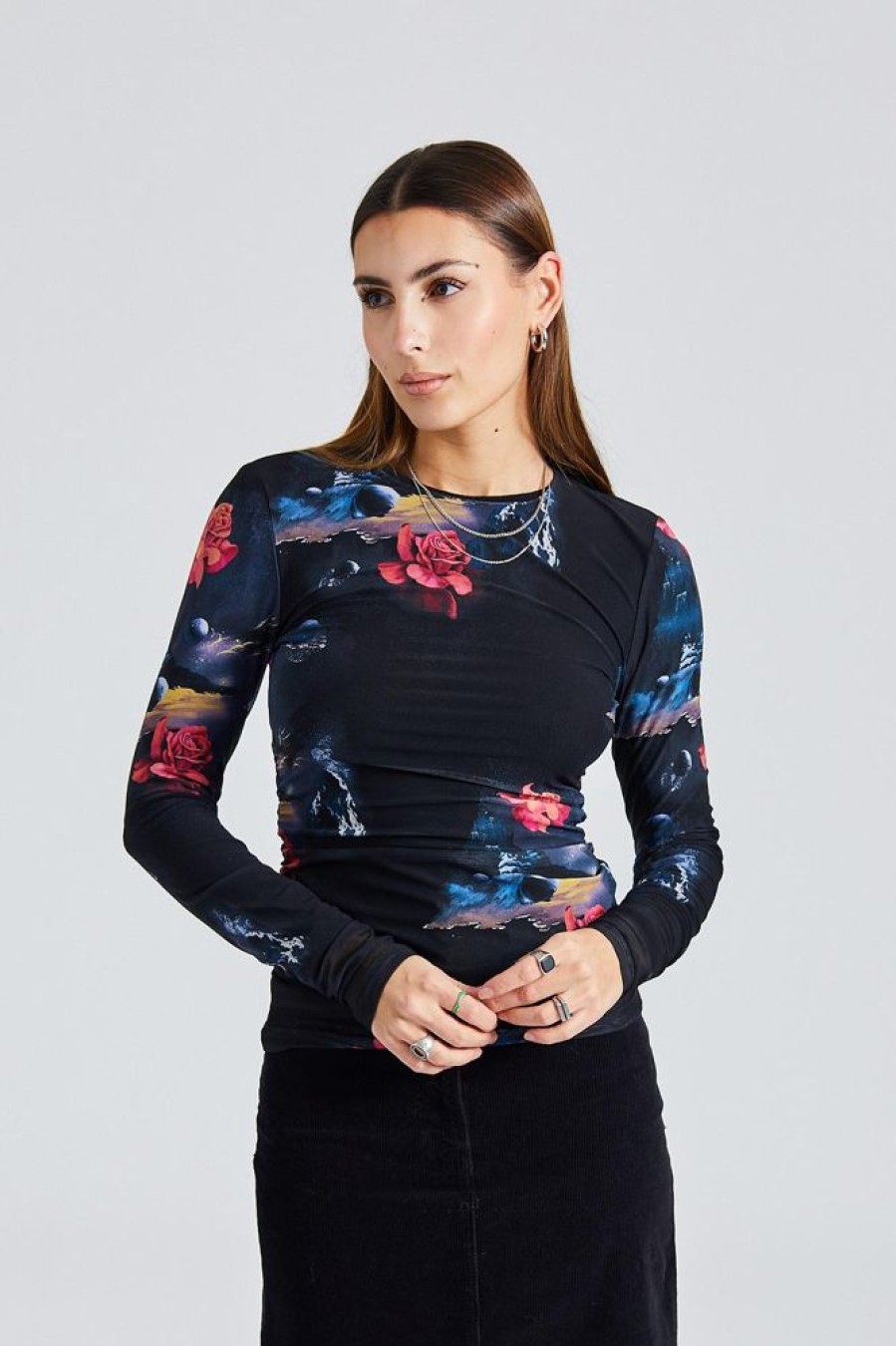 Dame Ganni Skjorter Og Bluser | Printed Mesh Long Sleeve Gathered Blouse Black