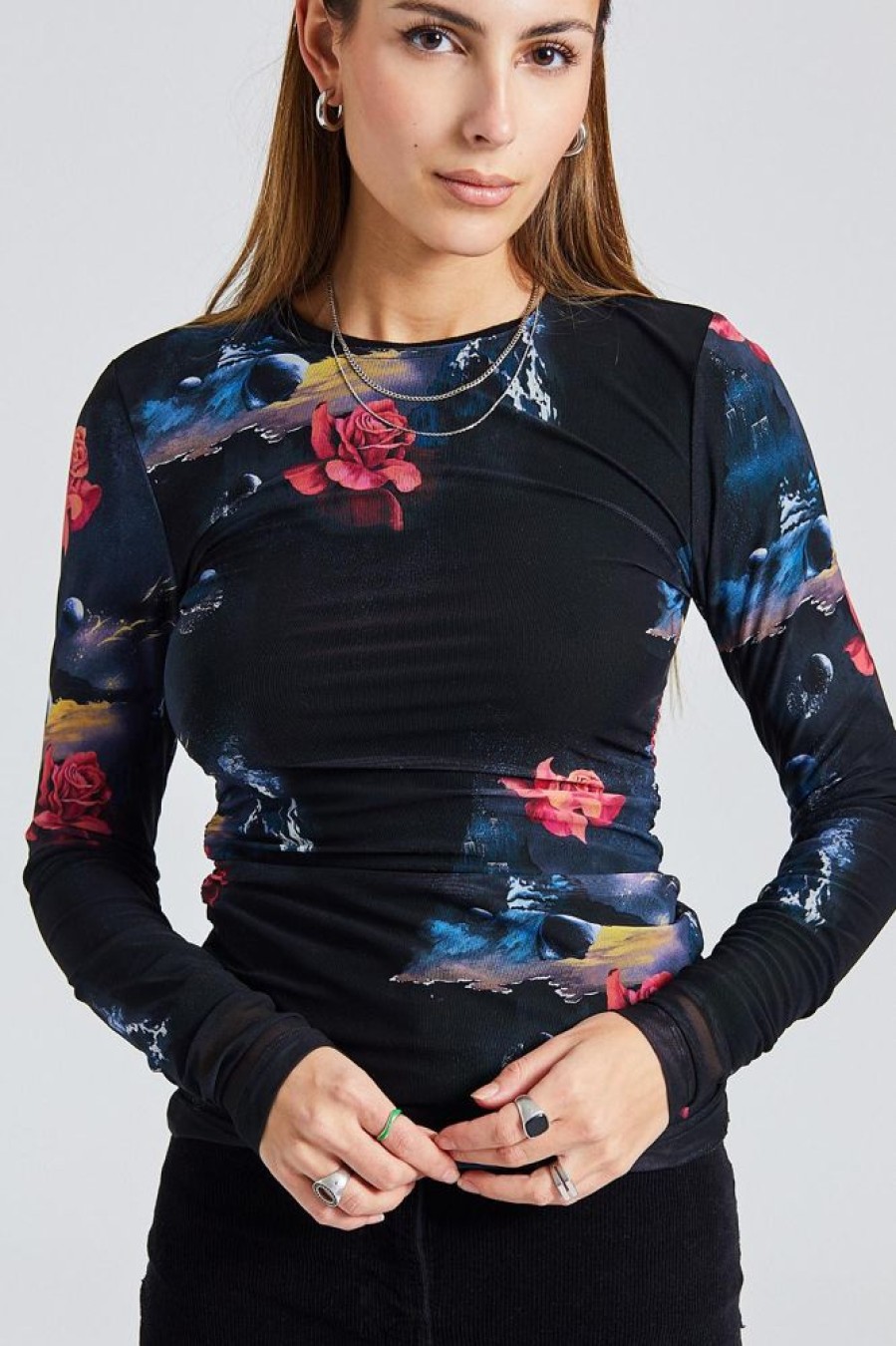 Dame Ganni Skjorter Og Bluser | Printed Mesh Long Sleeve Gathered Blouse Black