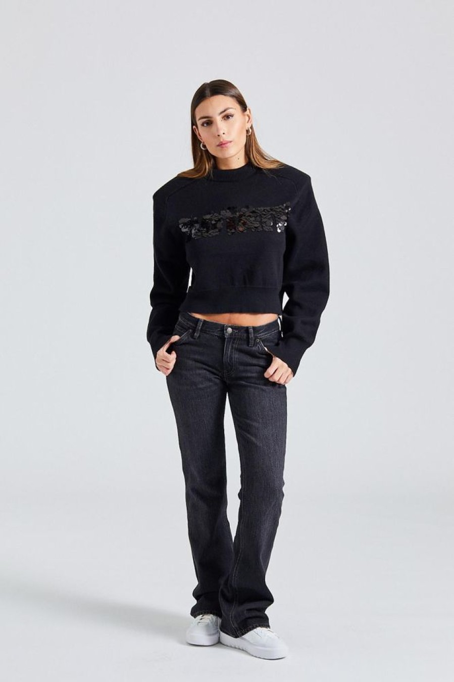 Dame ROTATE Birger Christensen Gensere | Sequin Logo Sweater Black