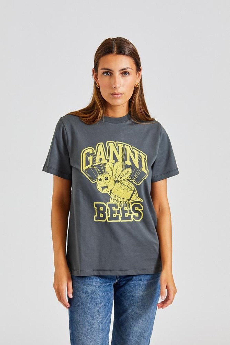 Dame Ganni T-Skjorter | Basic Jersey Yellow Bee Relaxed T-Shirt Volcanic Ash