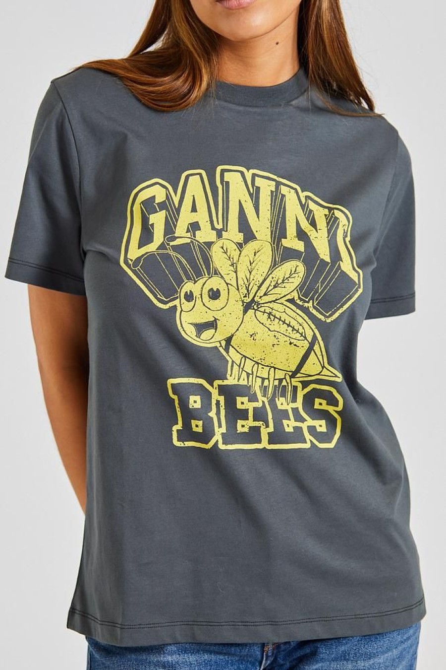 Dame Ganni T-Skjorter | Basic Jersey Yellow Bee Relaxed T-Shirt Volcanic Ash