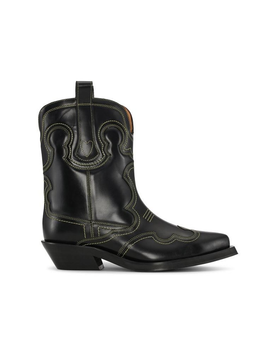 Dame Ganni Boots | Low Shaft Embroidered Western Boot Black/Yellow