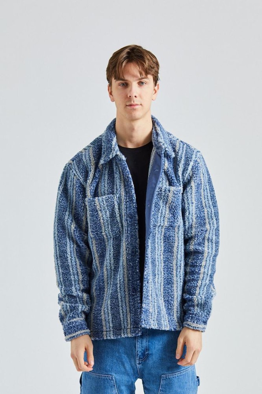 Herre Stüssy Jakker | Stripe Sherpa Shirt Indigo