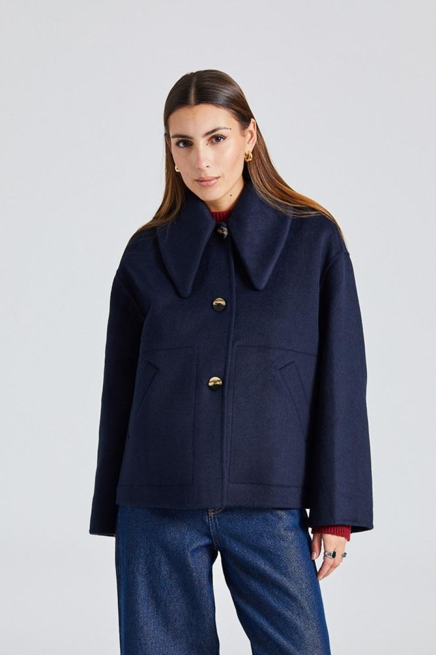 Dame Ganni Jakker | Wool Wide Collar Jacket Sky Captain