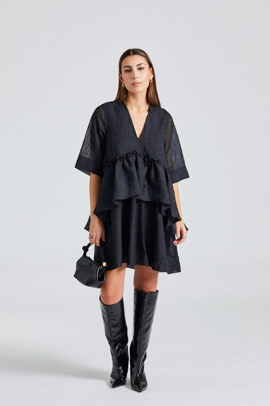 Dame Ganni Kjoler | Crinkled Georgette Flounce Mini Dress Black