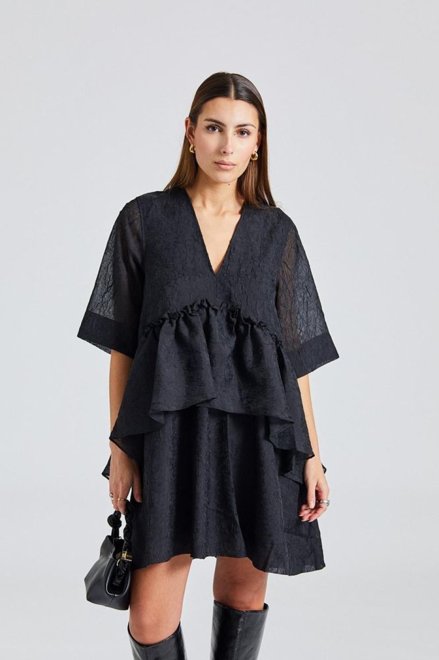 Dame Ganni Kjoler | Crinkled Georgette Flounce Mini Dress Black