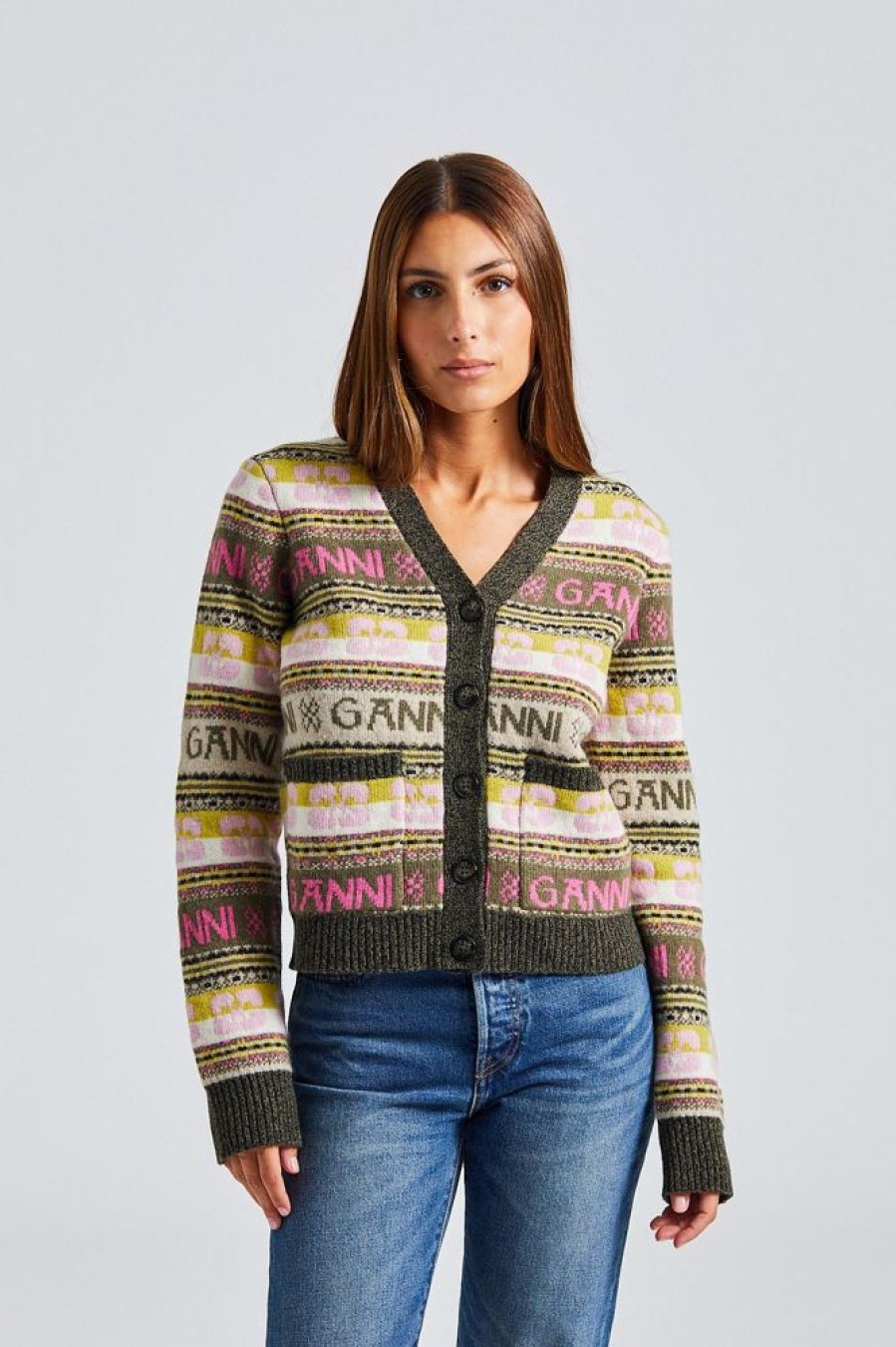 Dame Ganni Cardigans | Logo Wool Mix Cardigan Kalamata