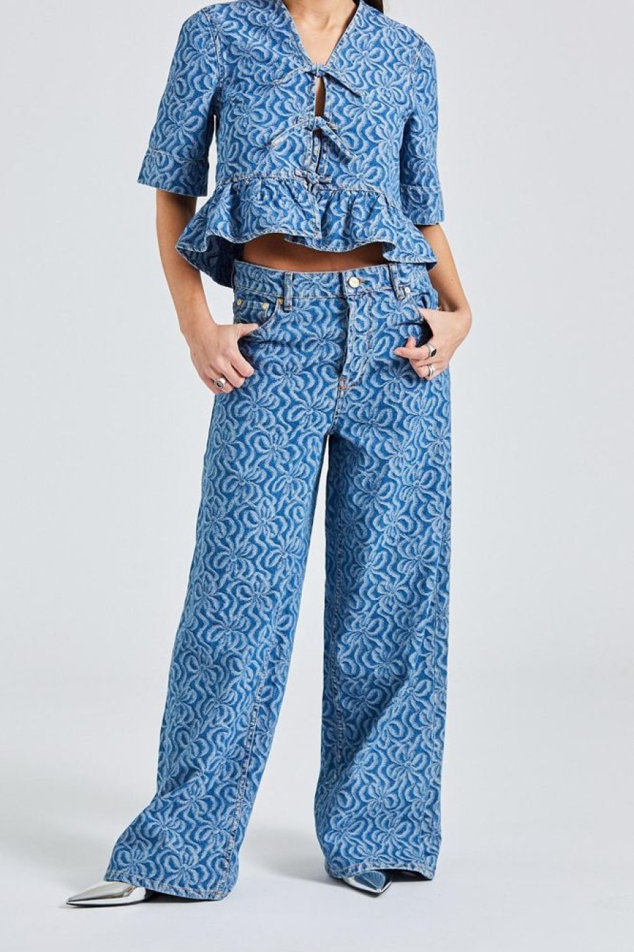 Dame Ganni Jeans | Jaquard Denim Wide Pants Mid Blue Stone