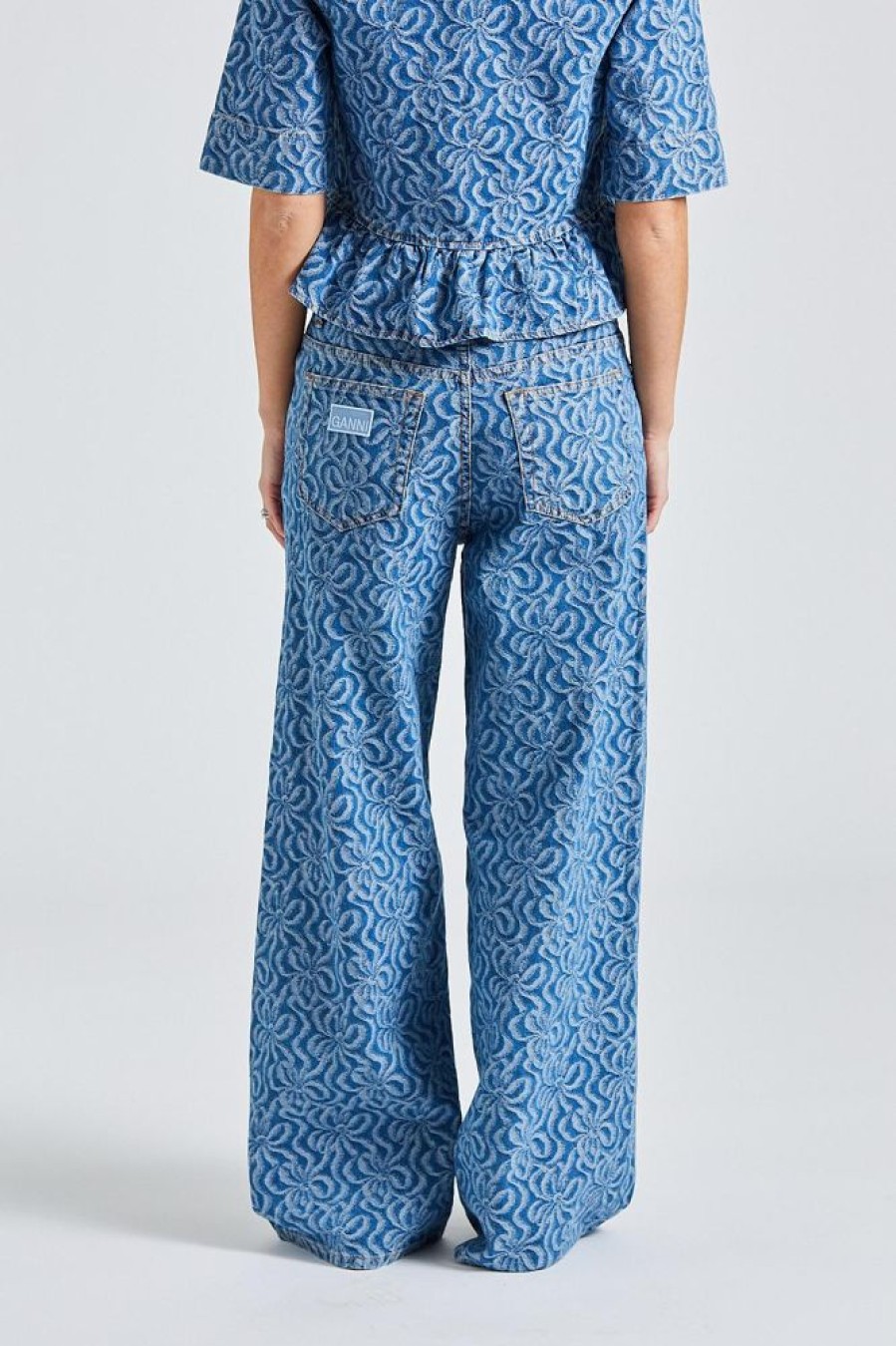 Dame Ganni Jeans | Jaquard Denim Wide Pants Mid Blue Stone