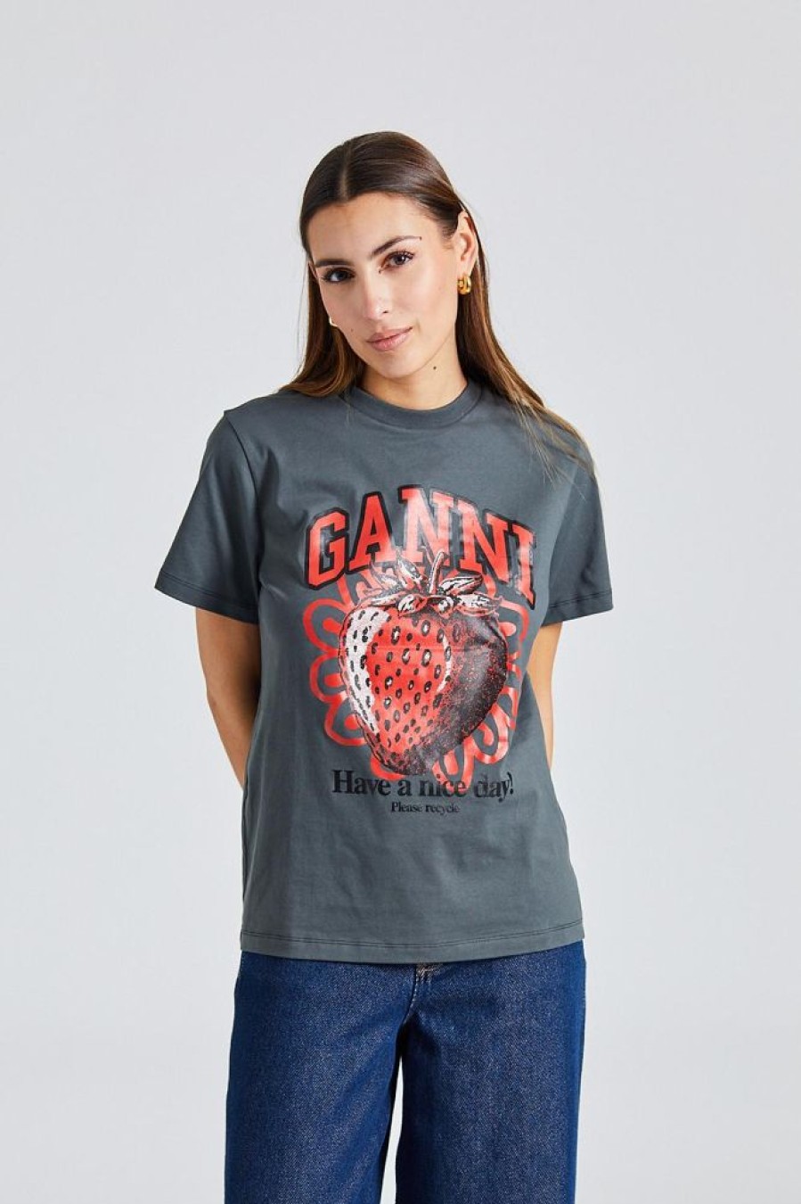 Dame Ganni T-Skjorter | Basic Jersey Strawberry Relaxed T-Shirt Volcanic Ash