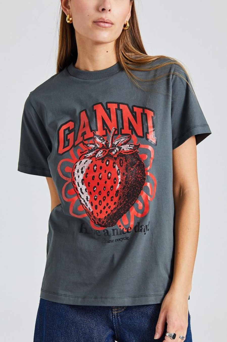 Dame Ganni T-Skjorter | Basic Jersey Strawberry Relaxed T-Shirt Volcanic Ash