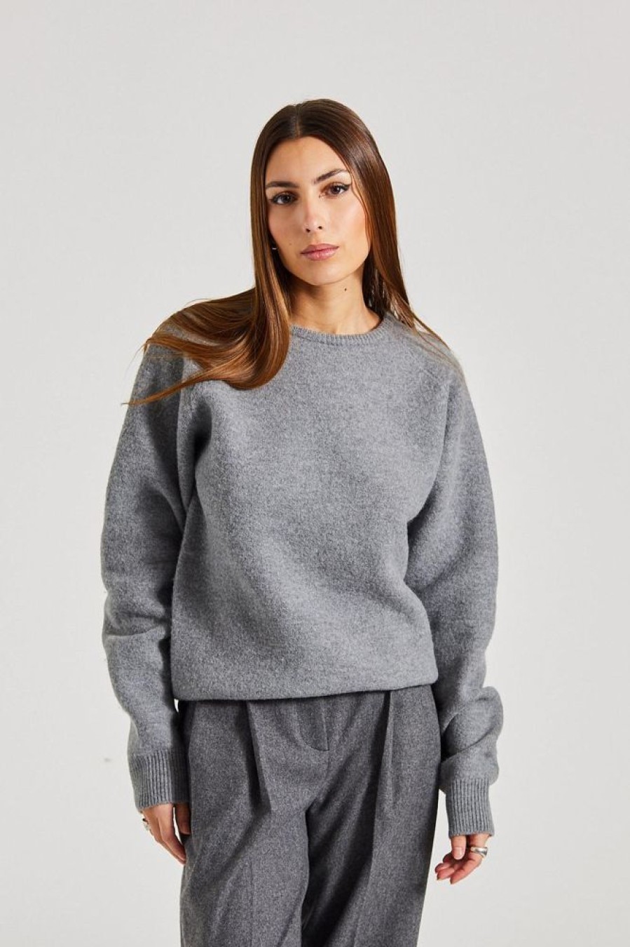 Dame Toteme Gensere | Crew-Neck Wool Knit Grey Melange