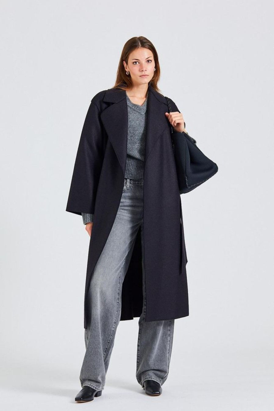 Dame Harris Wharf London Kaper | Women Belted Clutch Coat Pressed Wool Black