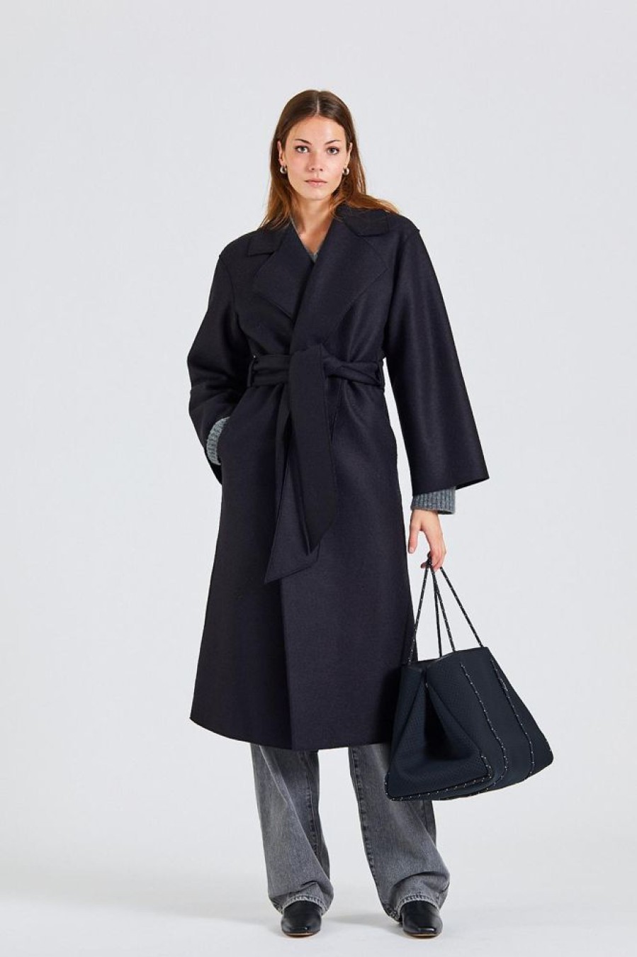 Dame Harris Wharf London Kaper | Women Belted Clutch Coat Pressed Wool Black