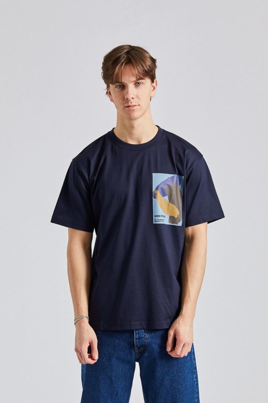 Herre Norse Projects T-Skjorter | Simon Loose Organic Brush Stroke Print T-Shirt Dark Navy