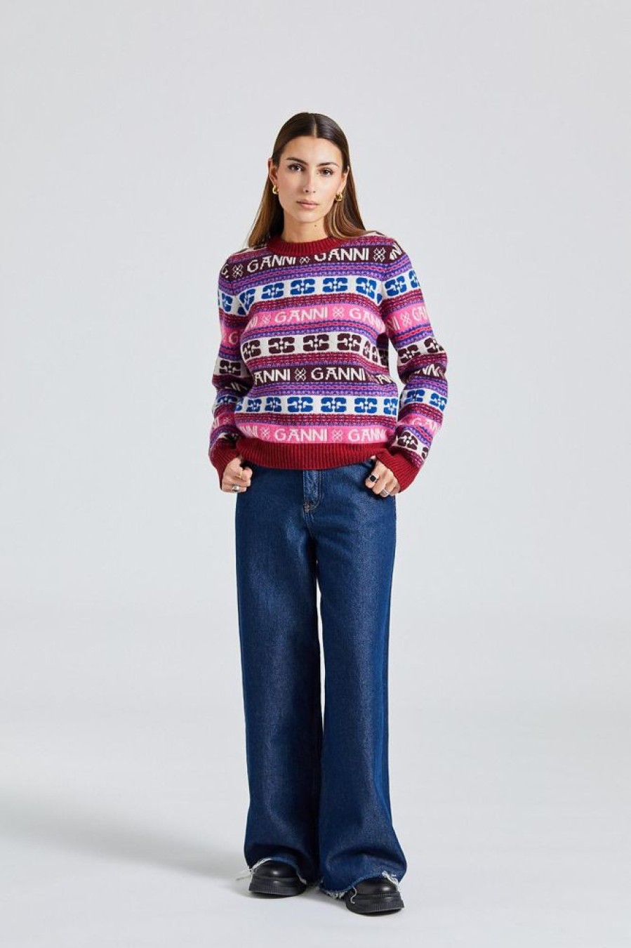 Dame Ganni Gensere | Logo Wool Mix O-Neck Pullover Multicolour