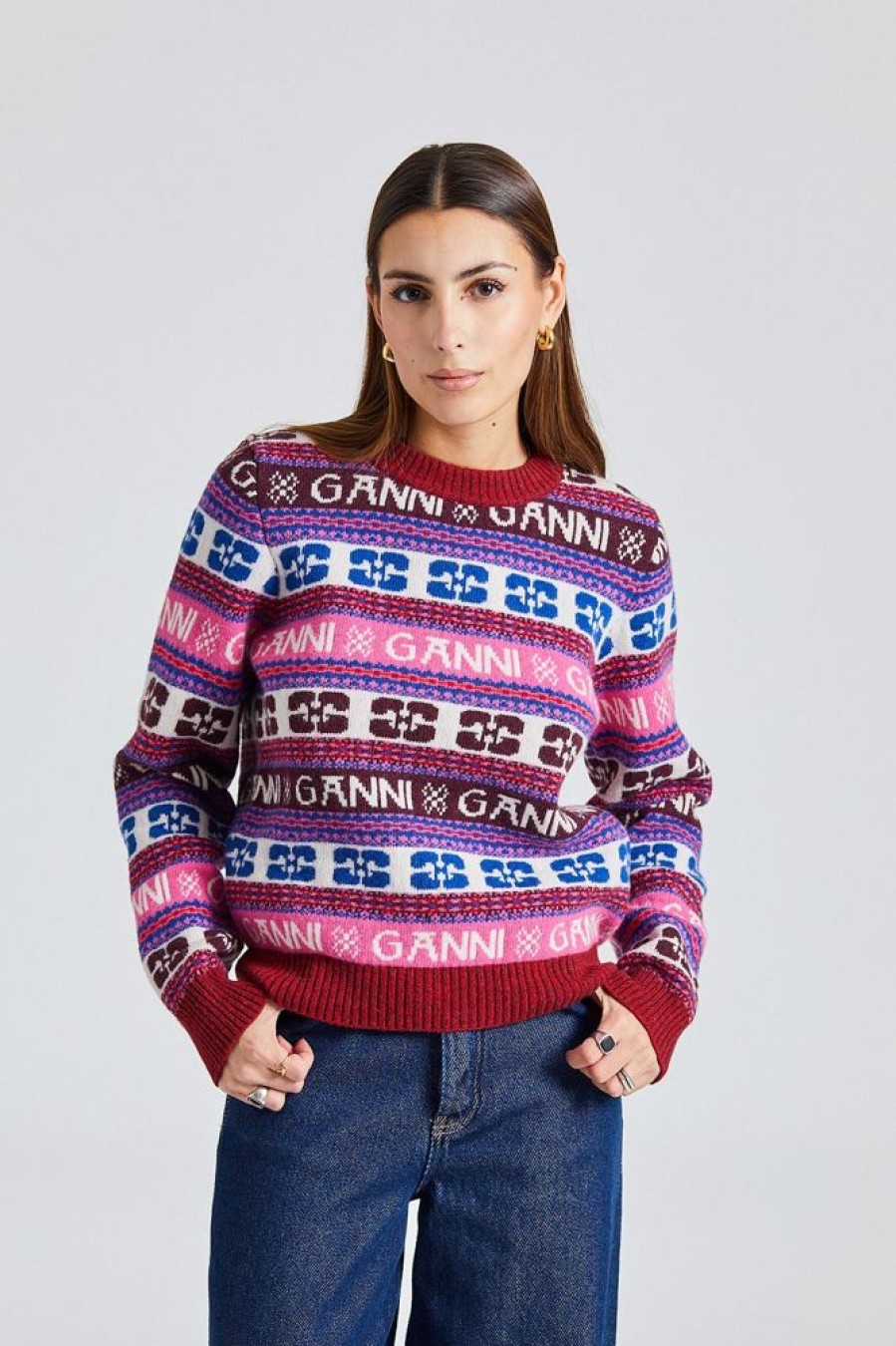 Dame Ganni Gensere | Logo Wool Mix O-Neck Pullover Multicolour