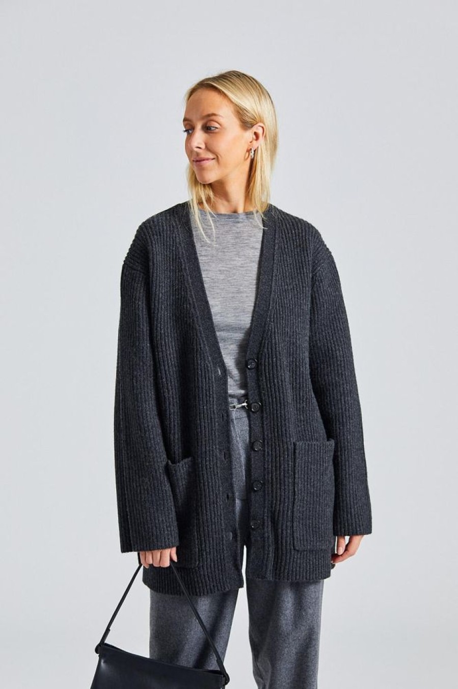 Dame Toteme Cardigans | Ribbed Wool Cardigan Charcoal Melange