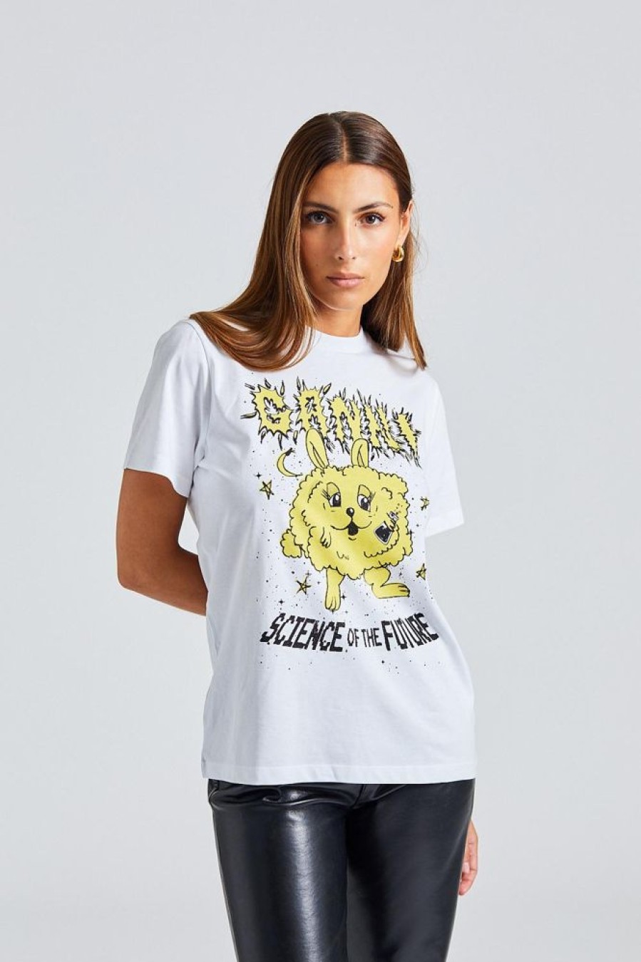 Dame Ganni T-Skjorter | Basic Jersey Yellow Bunny Relaxed T-Shirt Bright White