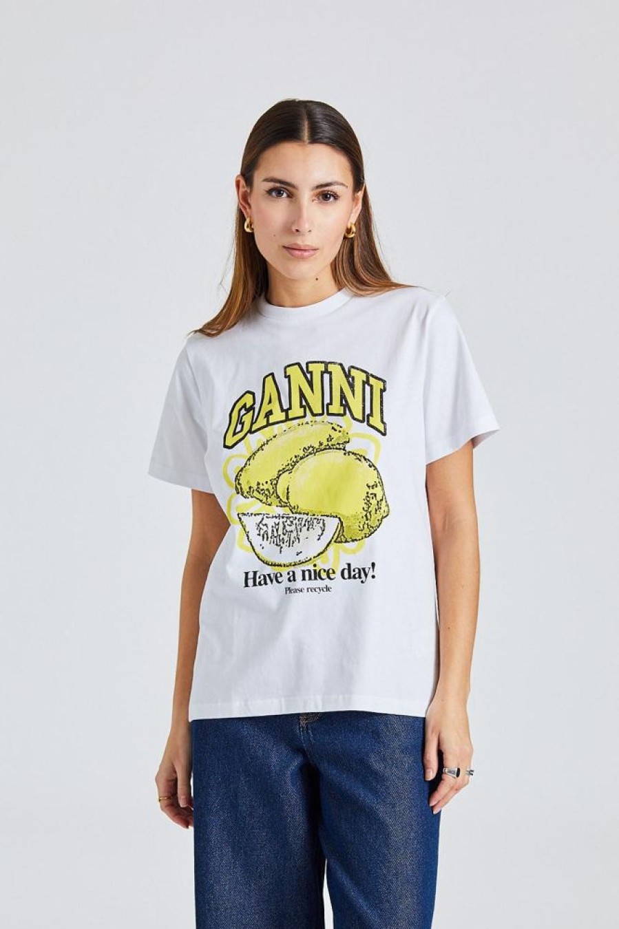 Dame Ganni T-Skjorter | Basic Jersey Lemon Relaxed T-Shirt Bright White