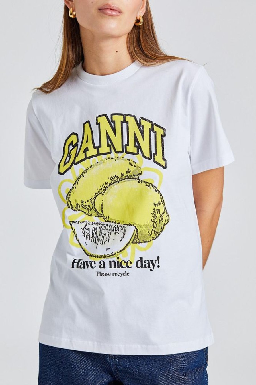 Dame Ganni T-Skjorter | Basic Jersey Lemon Relaxed T-Shirt Bright White