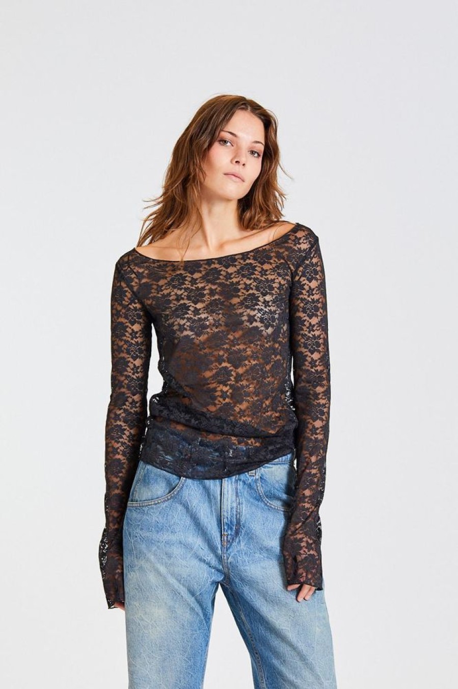 Dame ROTATE Birger Christensen Topper | Lace Off Shoulder Top Black