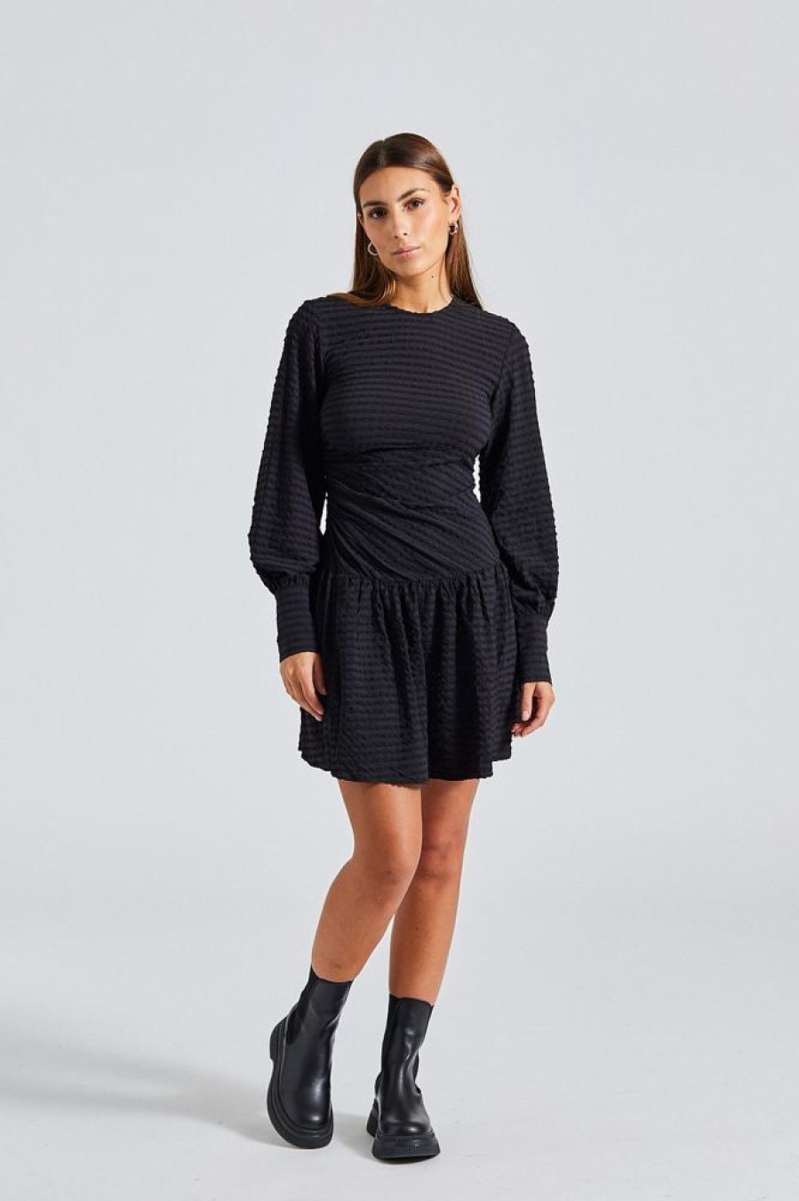 Dame Ganni Kjoler | Stretch Seersucker Gathered Mini Dress Black