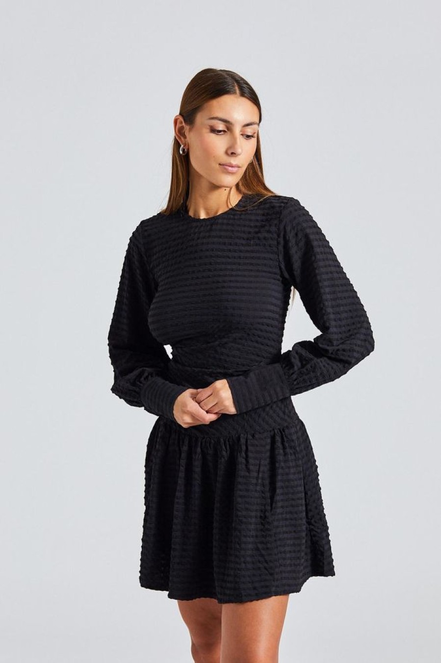 Dame Ganni Kjoler | Stretch Seersucker Gathered Mini Dress Black