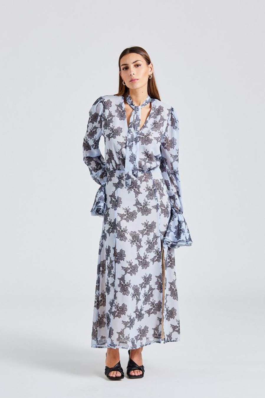 Dame ROTATE Birger Christensen Kjoler | Chiffon Bow Midi Dress Delicate Lace