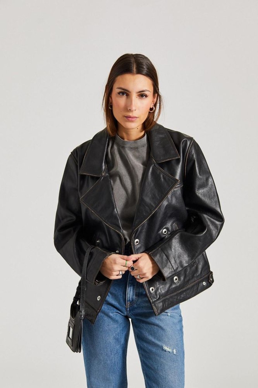 Dame Victoria Beckham Jakker | Oversized Leather Jacket Black/Taupe