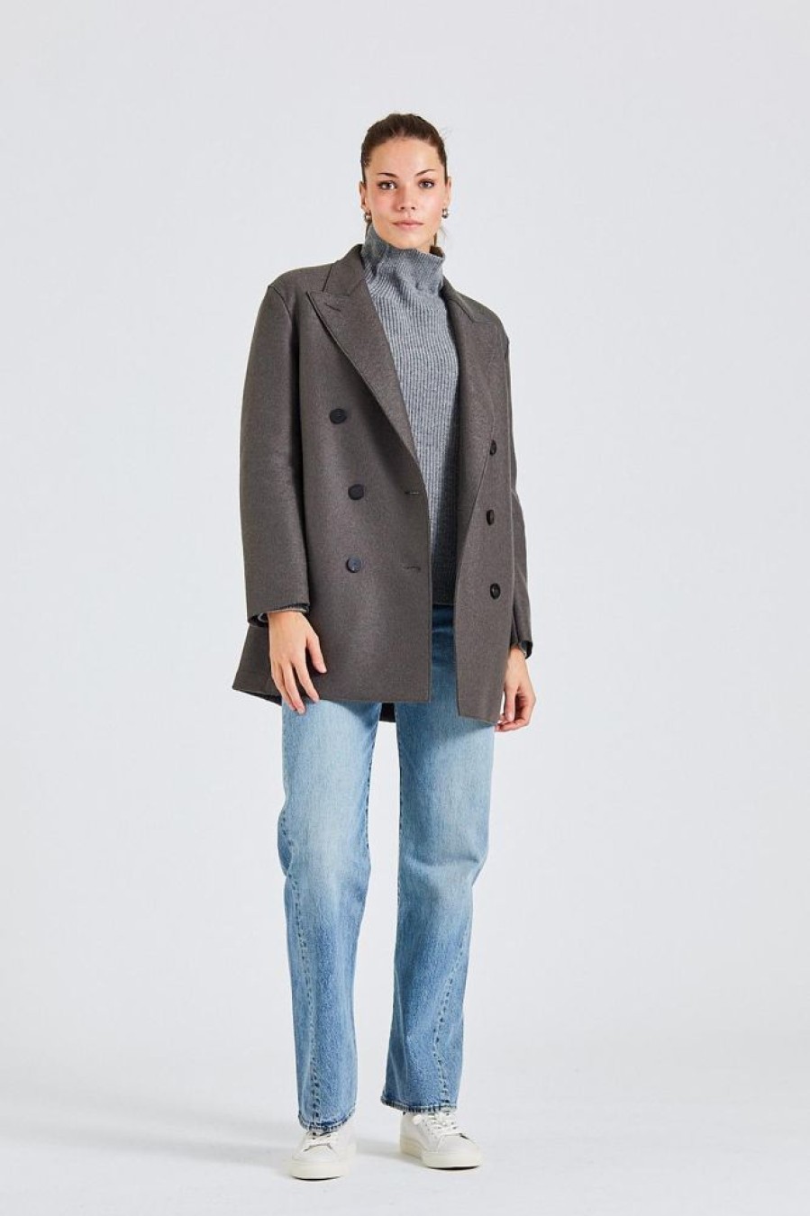 Dame Harris Wharf London Kaper | Women Slouchy Peacoat Pressed Wool Ebony Grey