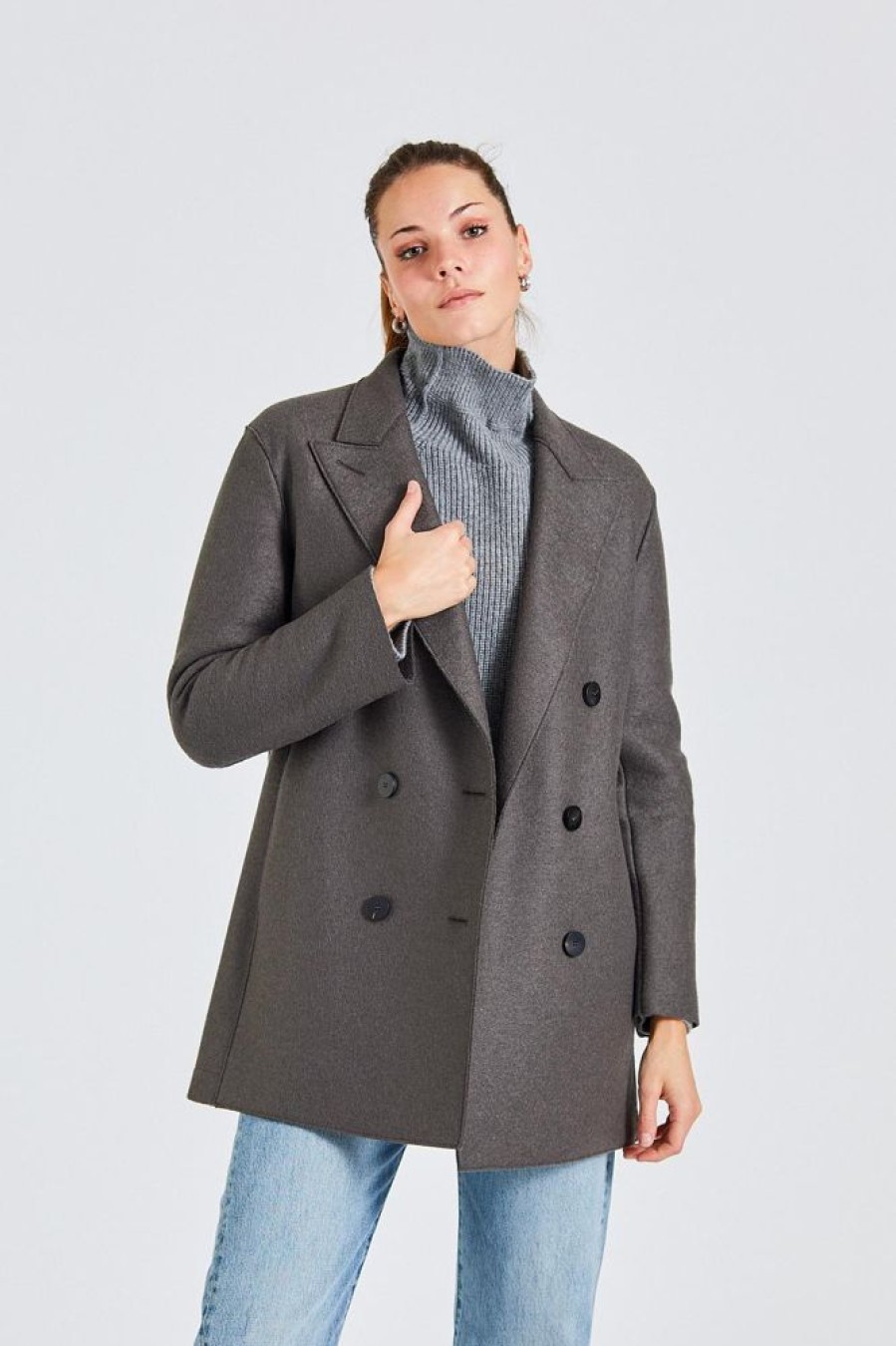 Dame Harris Wharf London Kaper | Women Slouchy Peacoat Pressed Wool Ebony Grey