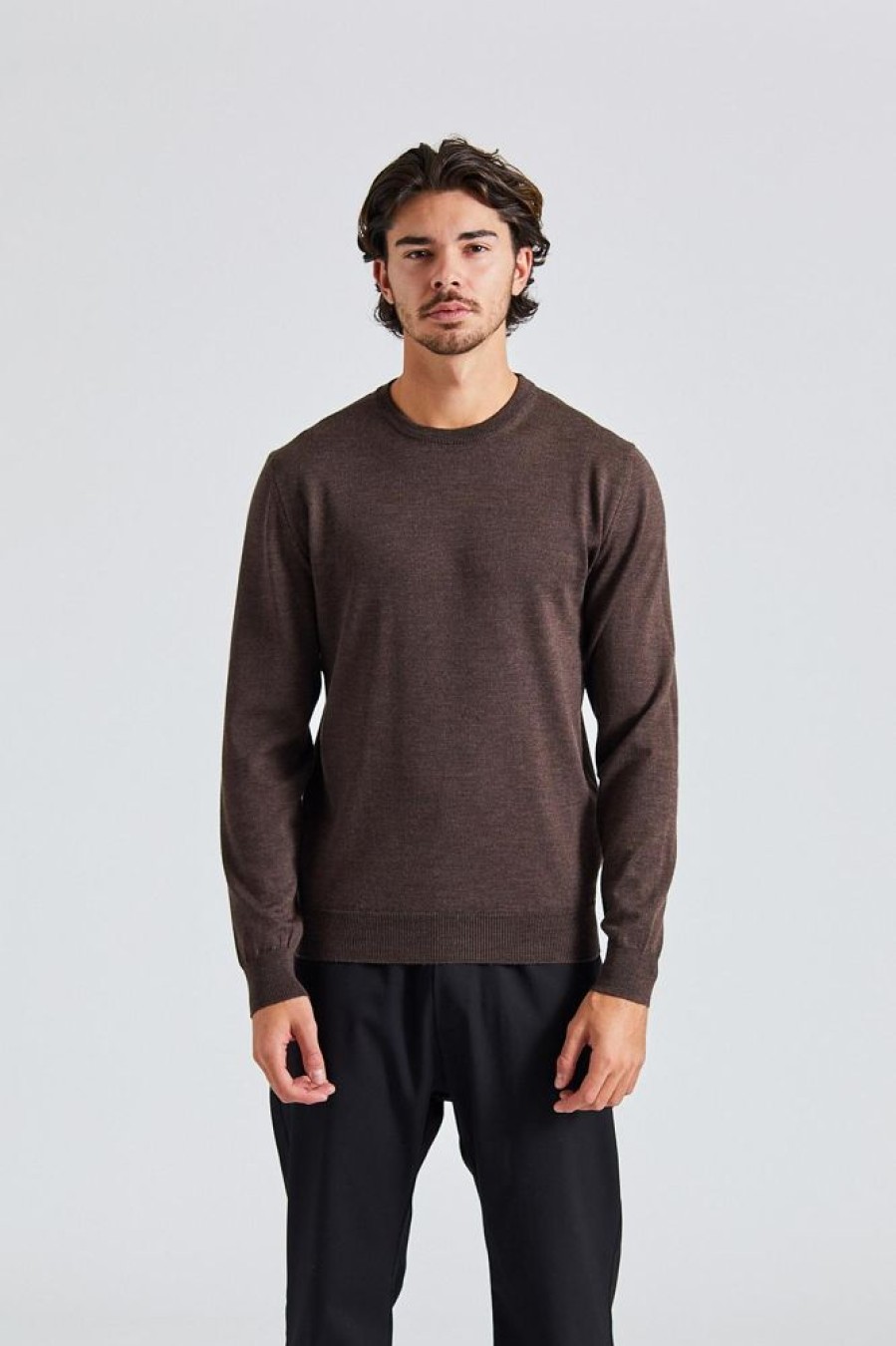 Herre Onesto Gensere | Merino Roundneck Brown Mel