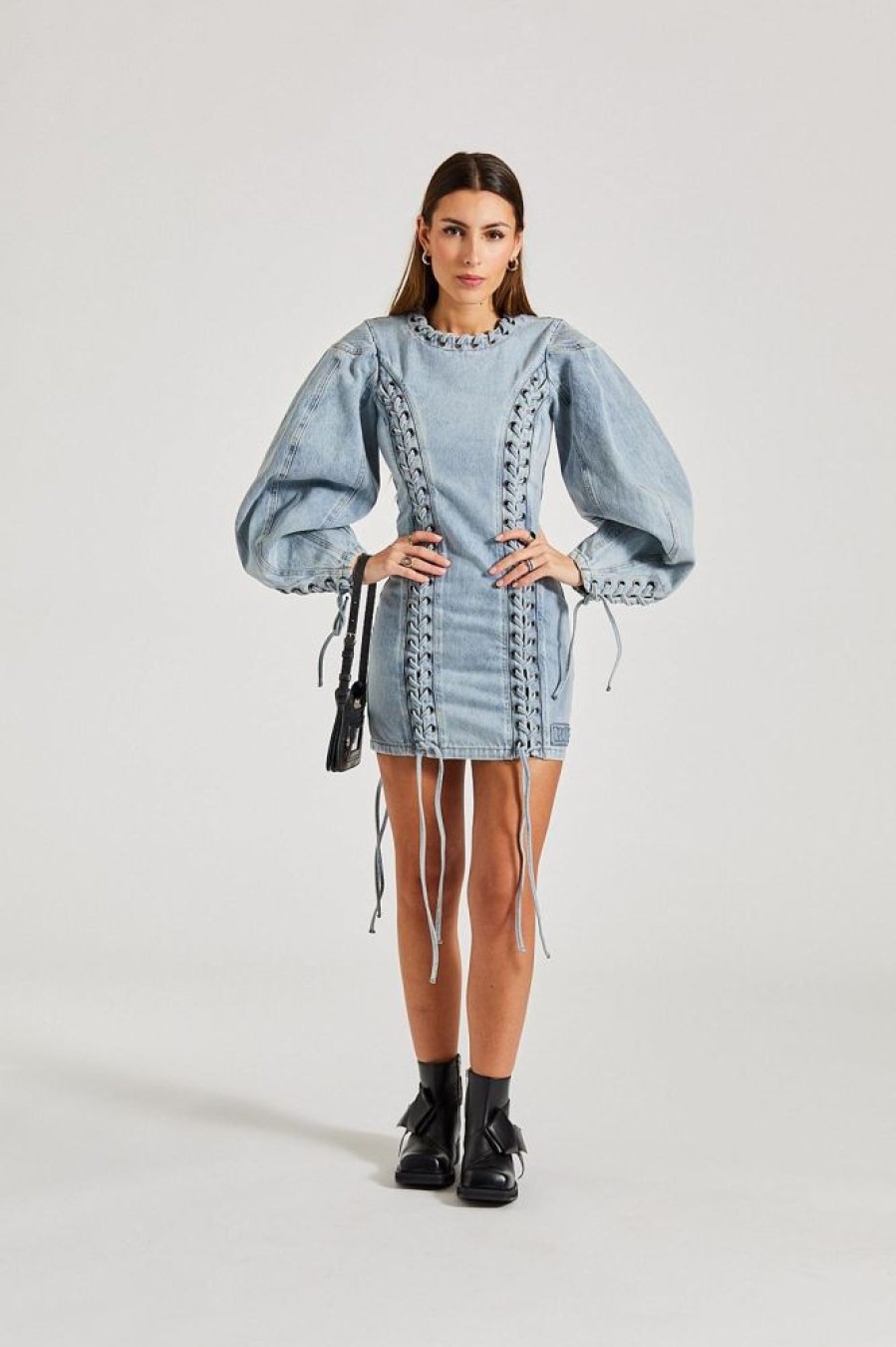 Dame ROTATE Birger Christensen Kjoler | Denim Laced Mini Dress Light Blue