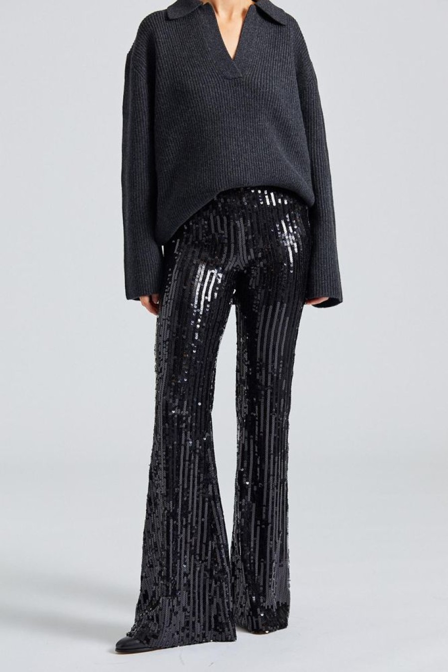 Dame ROTATE Birger Christensen Bukser | Sequin Flared Pants Black