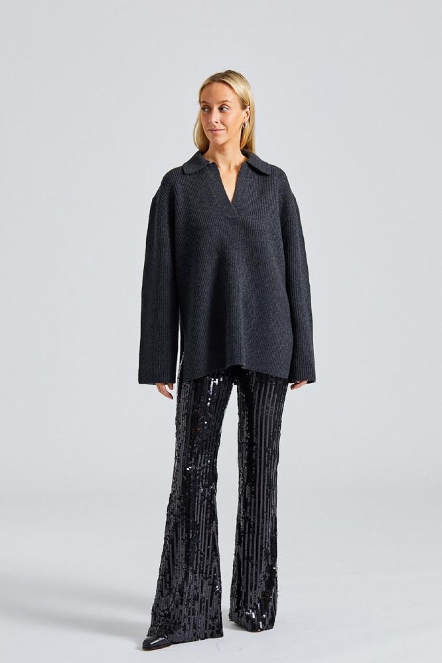 Dame ROTATE Birger Christensen Bukser | Sequin Flared Pants Black