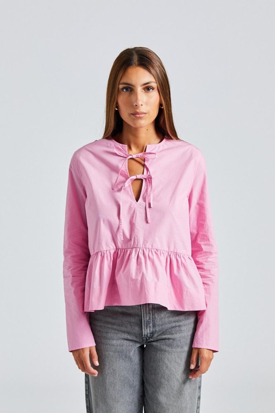 Dame Ganni Skjorter Og Bluser | Cotton Poplin Tie String Peplum Blouse Orchid Smoke