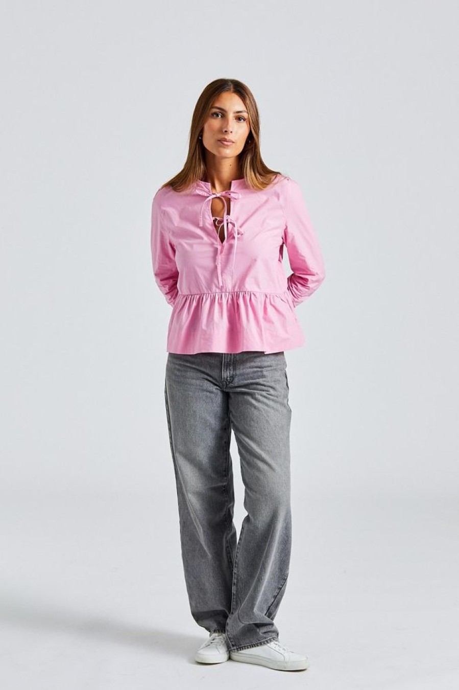 Dame Ganni Skjorter Og Bluser | Cotton Poplin Tie String Peplum Blouse Orchid Smoke