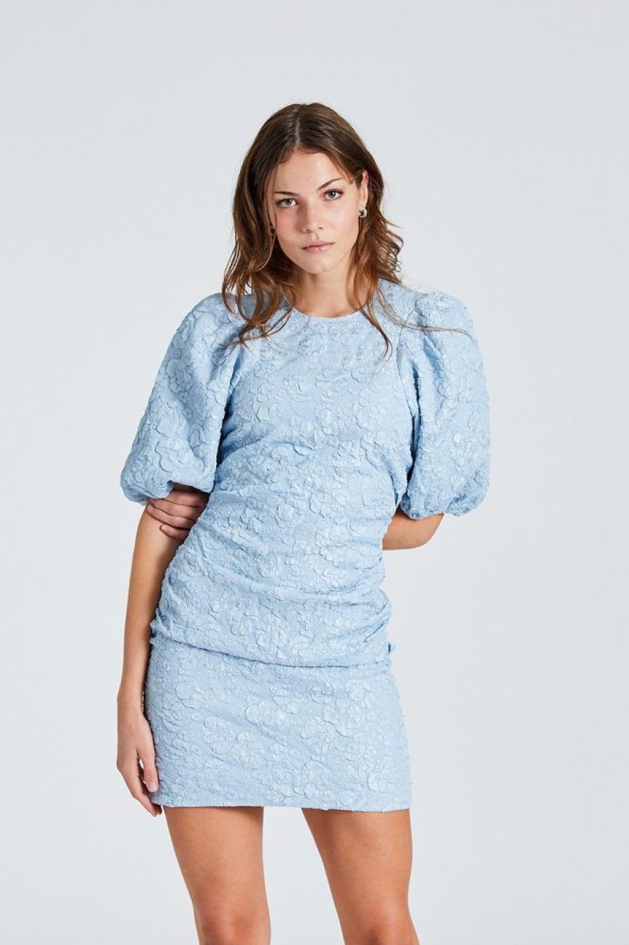 Dame Ganni Kjoler | Stretch Jacquard Puff Sleeves Mini Dress Sky Blue