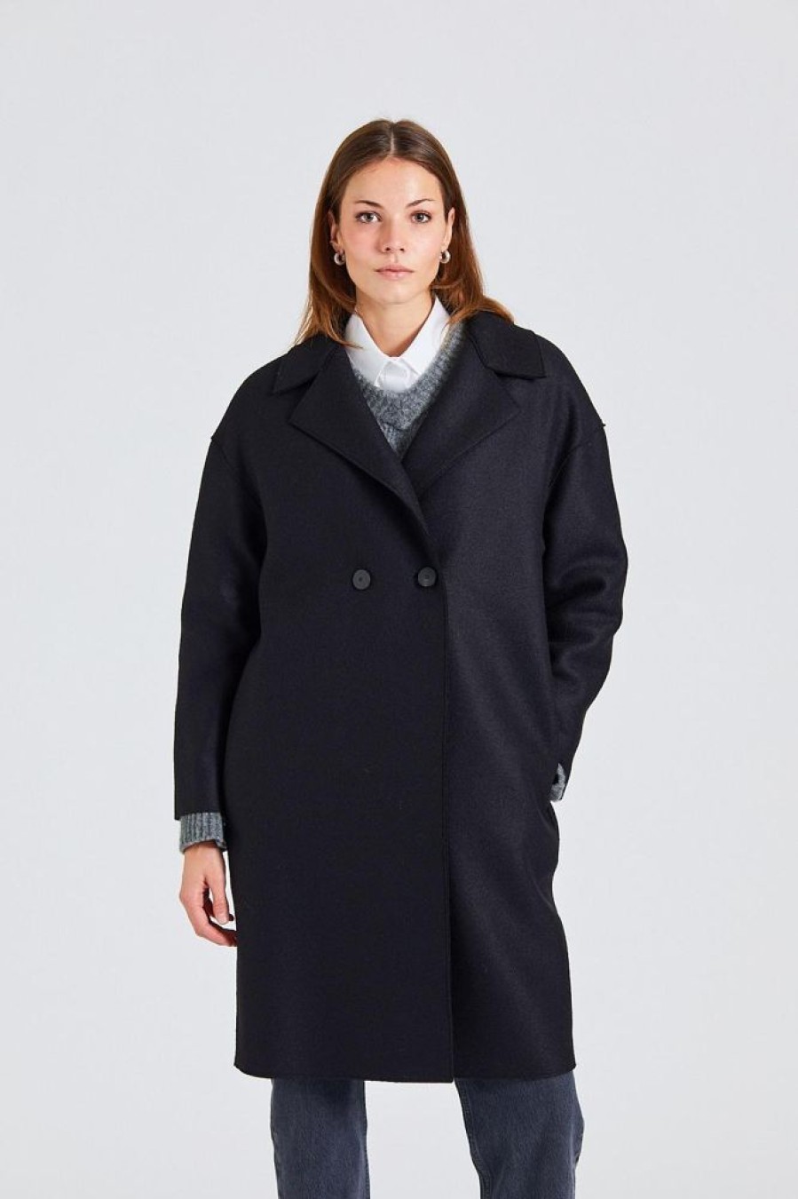 Dame Harris Wharf London Kaper | Women Dropped Shoulder D.B. Coat Pressed Wool Black