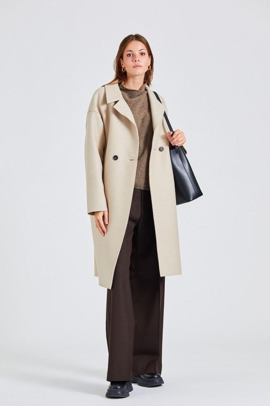 Dame Harris Wharf London Kaper | Women Dropped Shoulder D.B. Coat Pressed Wool Almond