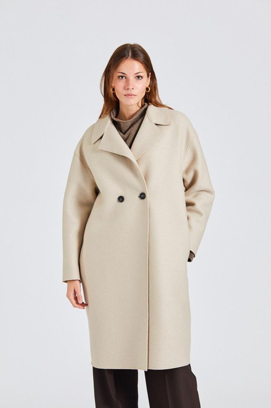 Dame Harris Wharf London Kaper | Women Dropped Shoulder D.B. Coat Pressed Wool Almond