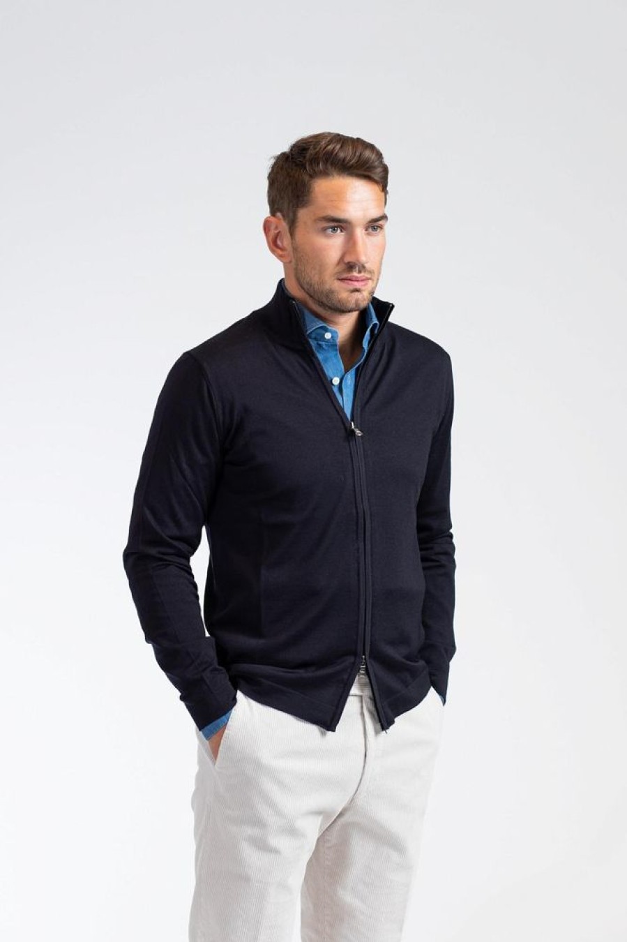 Herre Oscar Jacobson Cardigans | Ariel Full-Zip Night Blue