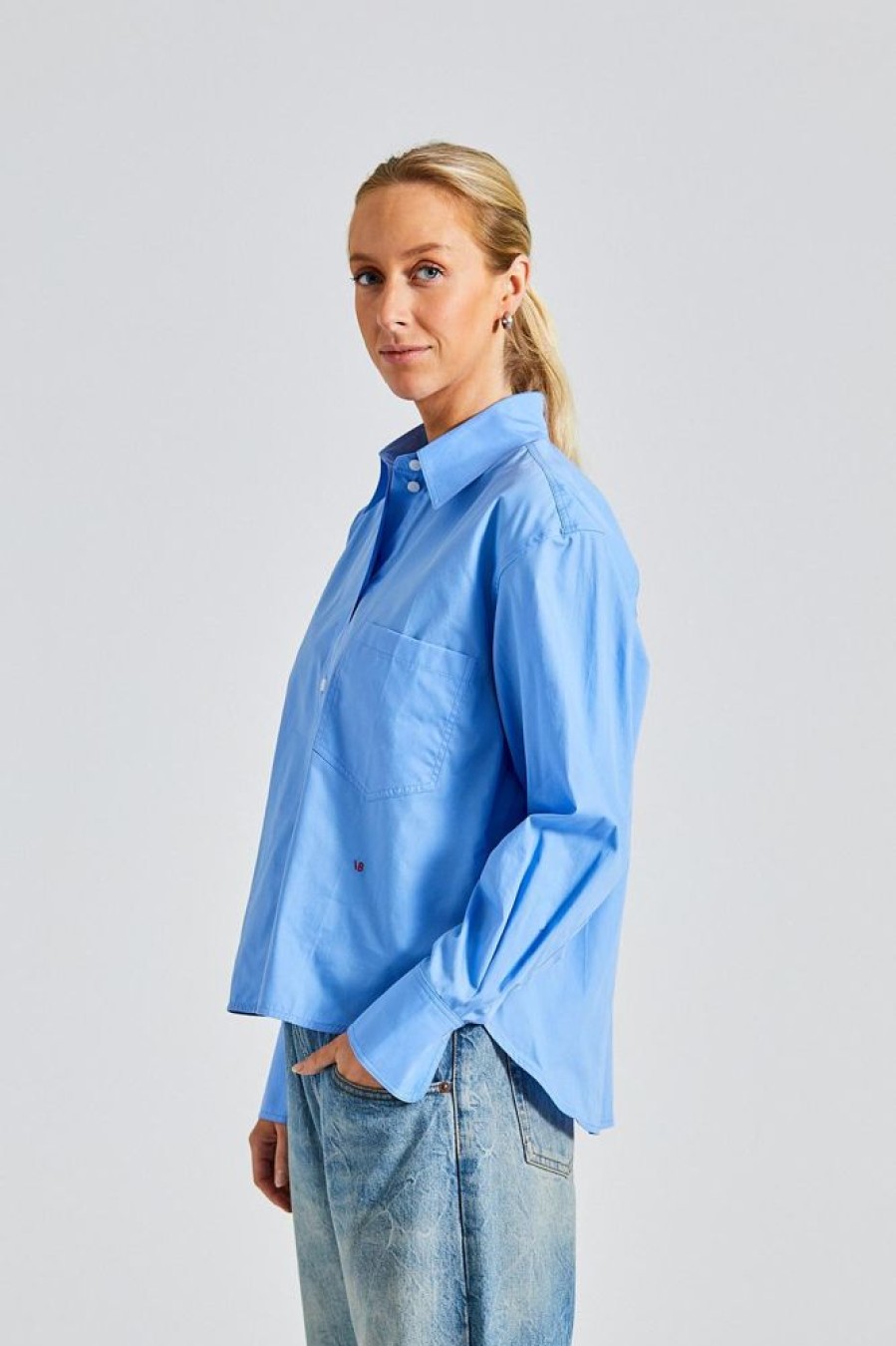 Dame Victoria Beckham Skjorter Og Bluser | Cropped Long Sleeve Shirt Oxford Blue