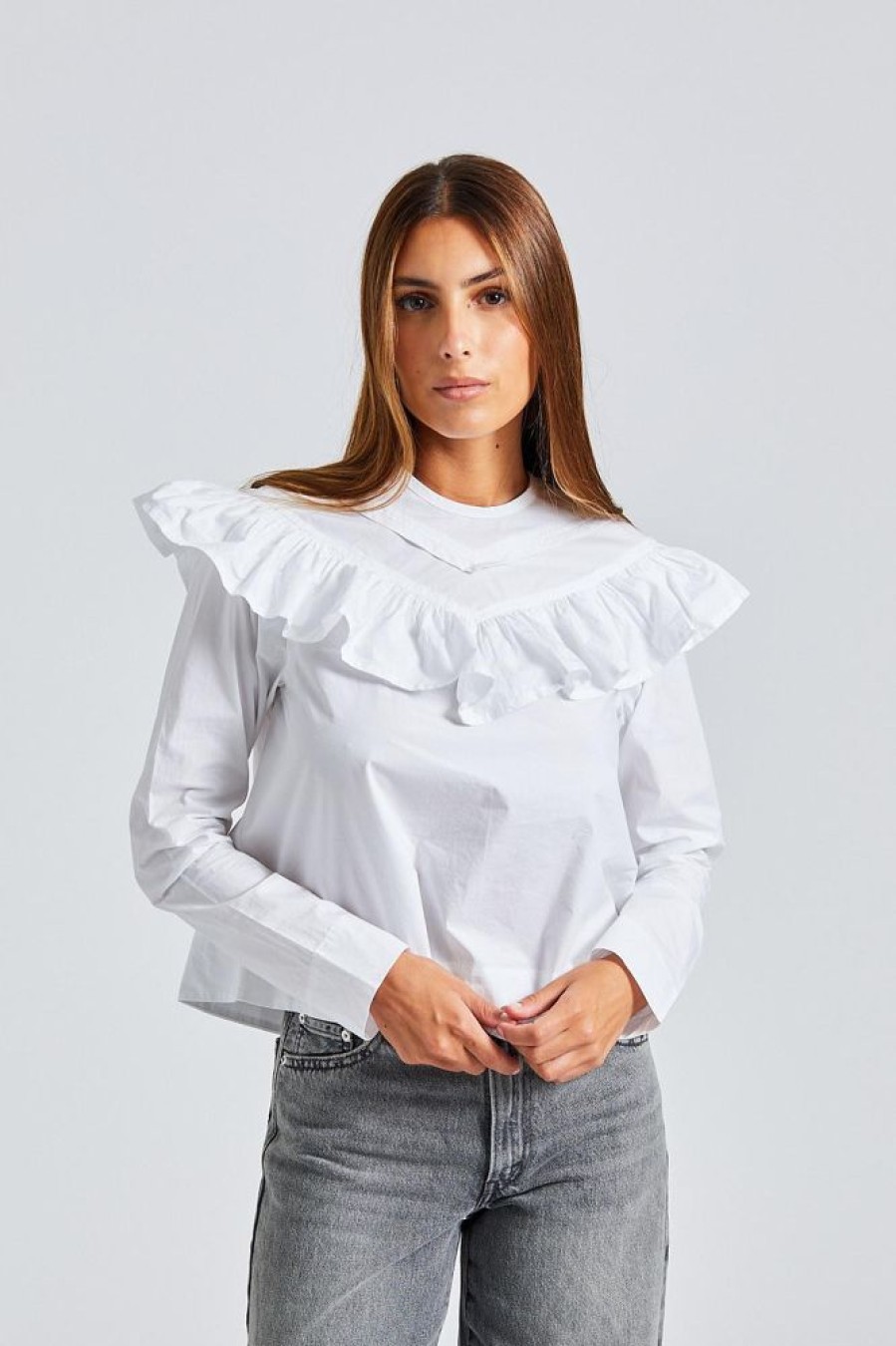 Dame Ganni Skjorter Og Bluser | Cotton Poplin Frill Blouse Bright White