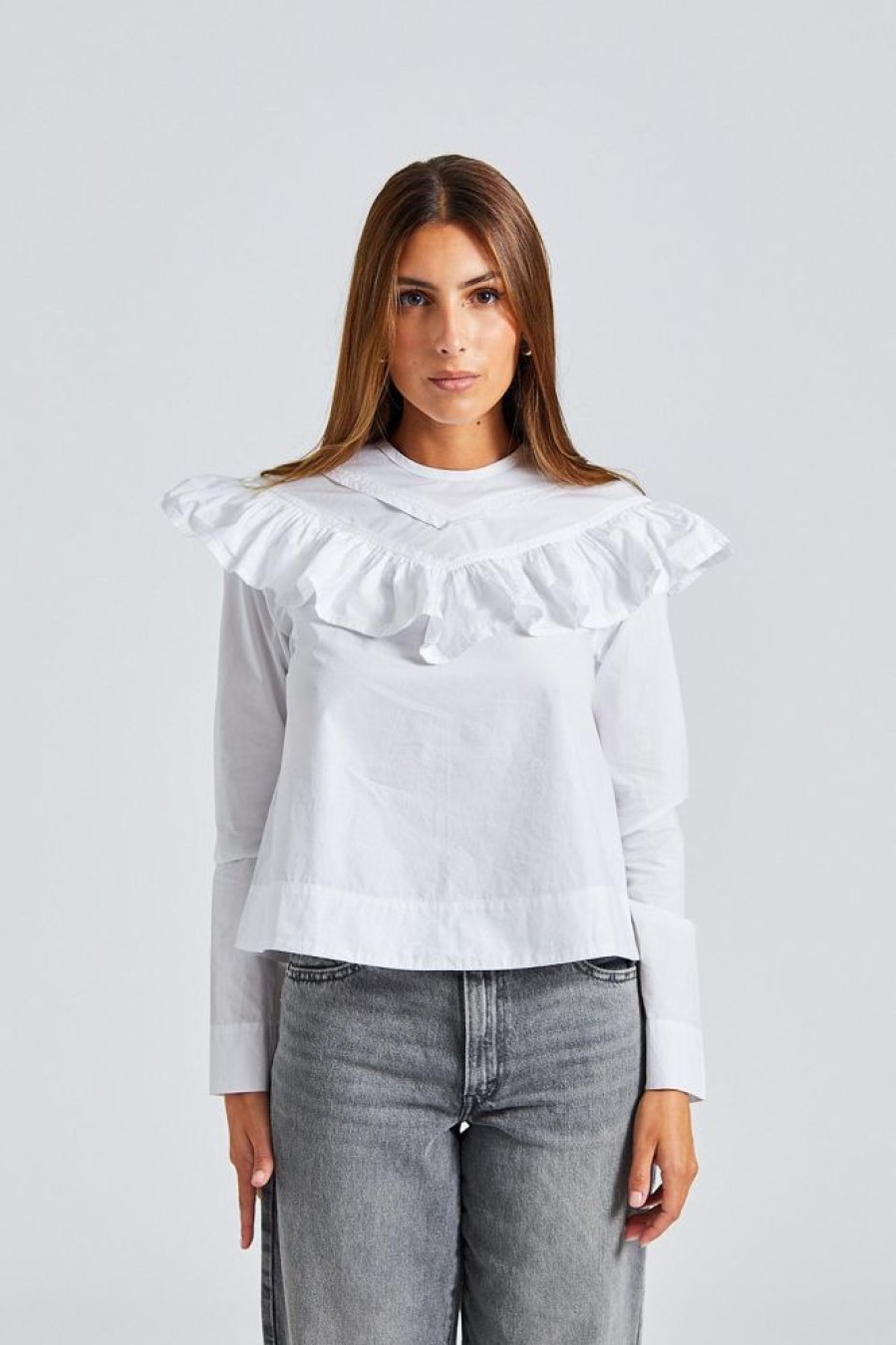 Dame Ganni Skjorter Og Bluser | Cotton Poplin Frill Blouse Bright White