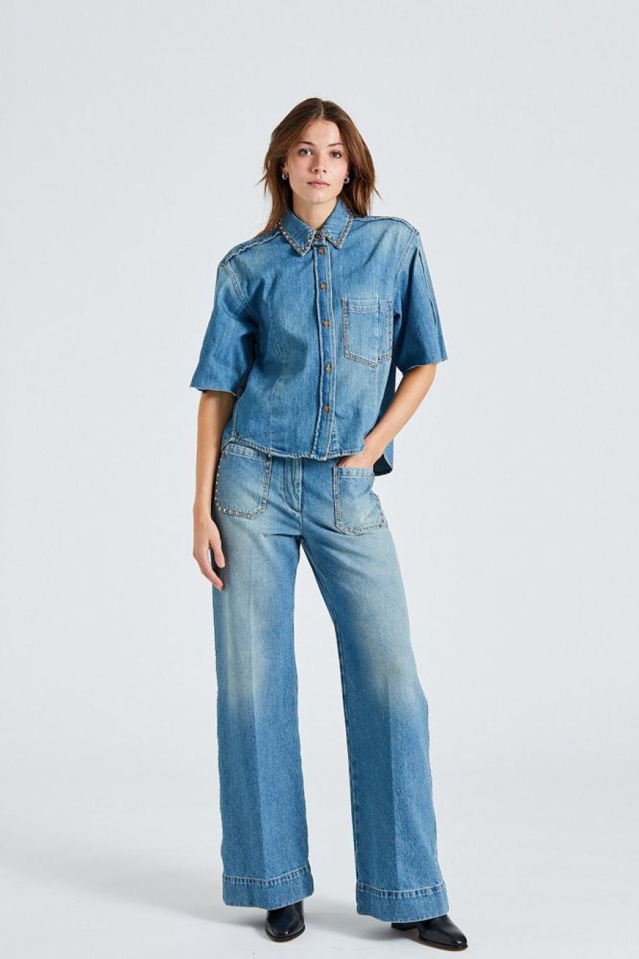 Dame Victoria Beckham Skjorter Og Bluser | Pocket Detail Shirt Midt Vintage Wash