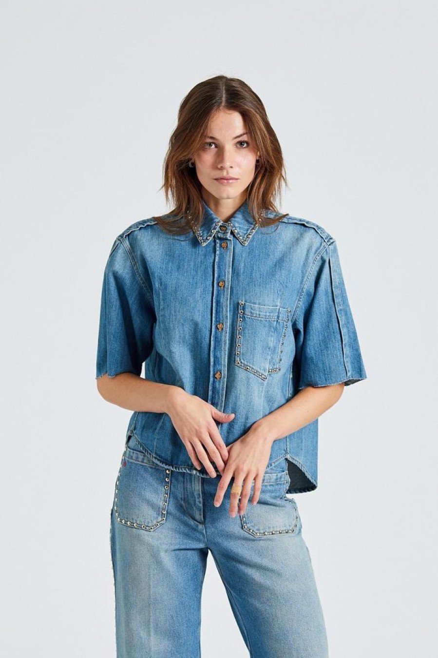 Dame Victoria Beckham Skjorter Og Bluser | Pocket Detail Shirt Midt Vintage Wash