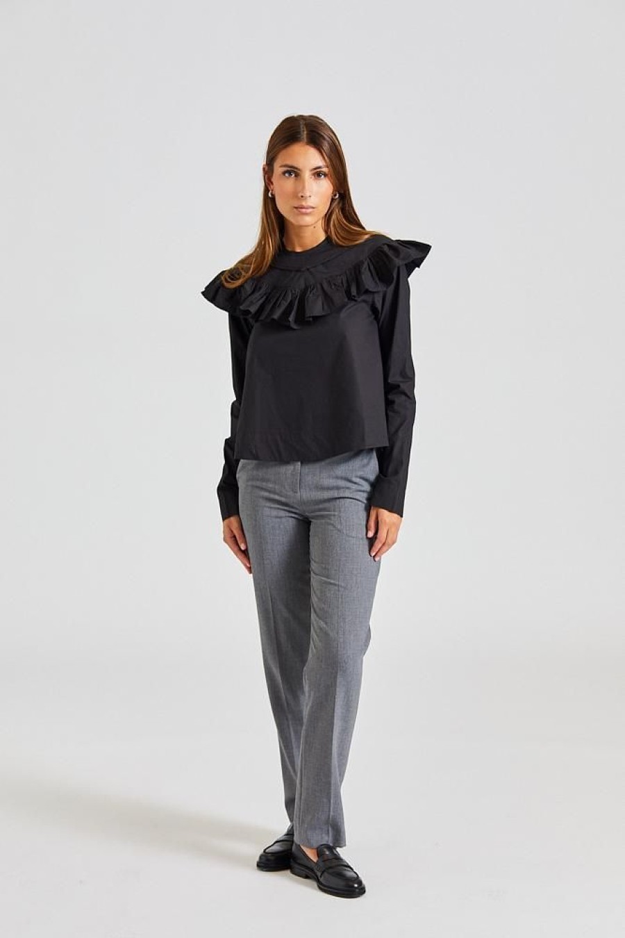 Dame Ganni Skjorter Og Bluser | Cotton Poplin Frill Blouse Black