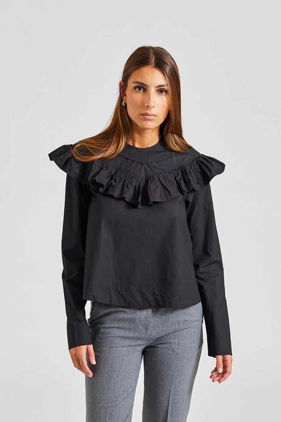 Dame Ganni Skjorter Og Bluser | Cotton Poplin Frill Blouse Black